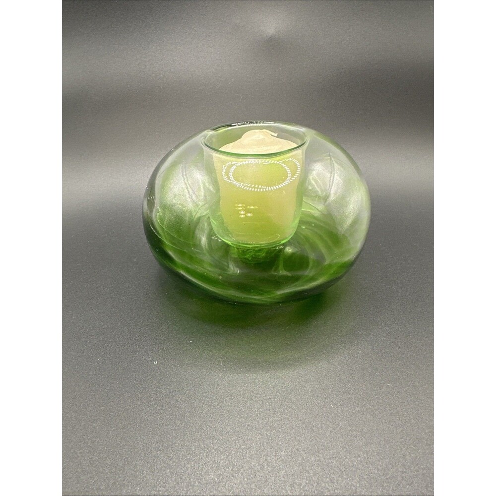 Hand Blown Green Swirl Art Glass Candle Holder